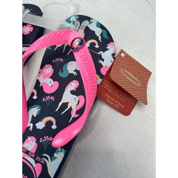 Havaianas Unicorn Charm Fantasy Girls 3/4 Slide Thong Kids Flip Flops Blue Pink - Picture 3 of 9